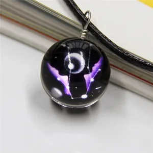 Cosmic sphere necklace featuring deep purple nebula pattern on a black woven cord