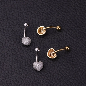 316L stainless steel navel rings with cubic zirconia in heart and round shapes