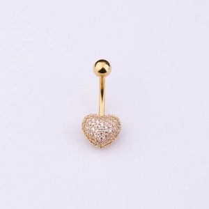 Detailed view of a gold 316L stainless steel navel ring with sparkling heart pendant