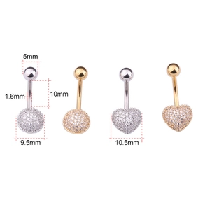 316L stainless steel belly rings with heart and round cubic zirconia in gold and silver