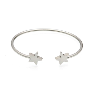 Minimalist stainless steel open bangle featuring double star charms in polished silver finish
