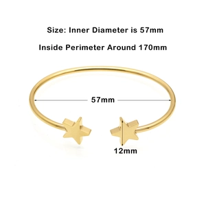 Double star open cuff bracelet in gold finish with precise 57mm inner diameter dimensions