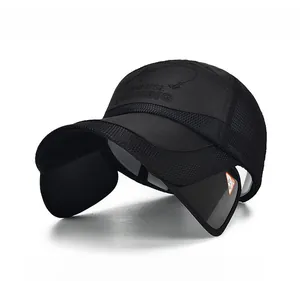 Detalle de gorra de pesca negra con malla transpirable y solapas de protección solar