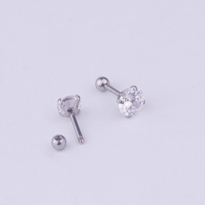 Silver stainless steel screw back stud earrings with round clear cubic zirconia