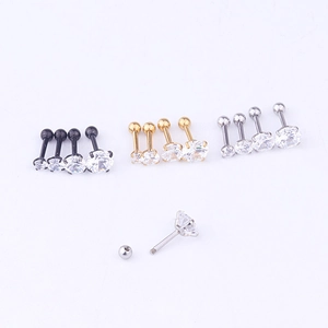 Detail of round cubic zirconia stud earrings with screw backs in multiple sizes and colors