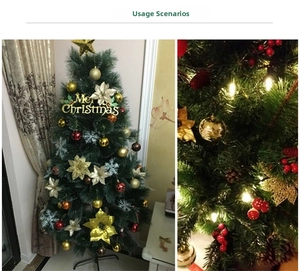 Close-up of Christmas tree with warm LED lights, gold ornaments and Merry Christmas sign