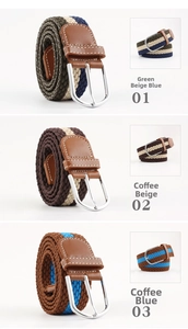 Detailed close-up of braided elastic belts in green, beige and coffee color options