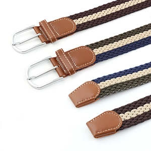 Versatile woven elastic canvas belts with striped patterns and brown faux leather ends