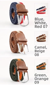 Detailed view of woven elastic belts with metal pin buckles in three distinct color patterns
