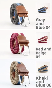 Three-pack of elastic woven belts in grey, red, and khaki with silver metal buckles