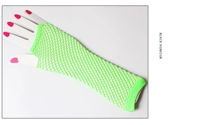 Close-up of neon green fishnet fingerless gloves with elastic mesh on display card