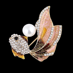 Exquisite goldfish brooch with pink gradient enamel fins and white rhinestones on black background