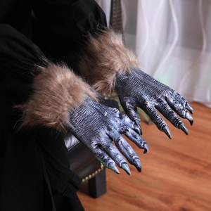 Halloween werewolf gloves with blue-grey latex claws and long brown fur texture