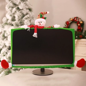 Christmas computer monitor cover featuring a green border and cute plush snowman design
