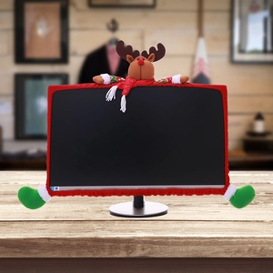 Christmas reindeer monitor cover with 3D plush elk design for holiday desk decoration