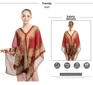 Detailed view of red bohemian paisley chiffon shawl with soft breathable fabric