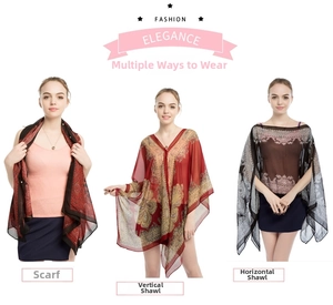 Three-way split view showing versatile ways to wear a paisley print chiffon sun shawl