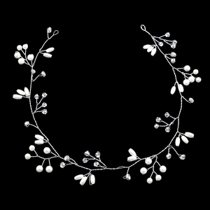 35cm bridal hairband with handmade pearls and crystals on silver wire over black background