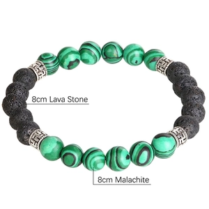 Natural black lava and green malachite 8mm stone bracelet with vintage alloy spacers