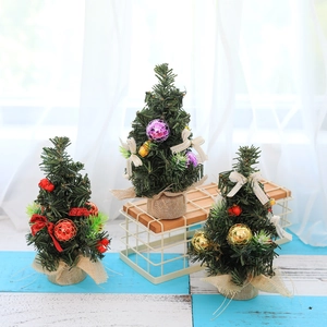 Mini Desktop Christmas Tree Artificial PVC Green Pine with Festive Bows Ornaments Linen Base Home Office Table Decoration