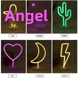 Detailed grid of six LED neon signs with bases: angel, cat, cactus, heart, moon, and lightning