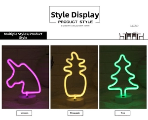 Three LED neon lamps with unicorn, pineapple and tree shapes on white round bases
