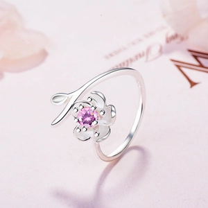 Cherry Blossom Sakura Flower Open Adjustable Ring Zircon Inlaid Branch Leaf Elegant Jewelry For Women