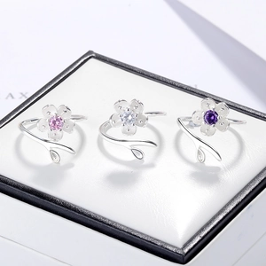 Adjustable S925 sterling silver cherry blossom open rings with colorful zircon stones