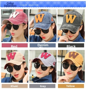 Six colors of vintage washed baseball caps with embroidered W and side patch details