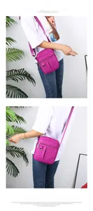 Detailed views of the purple nylon crossbody bag showing multiple zip layers and adjustable strap