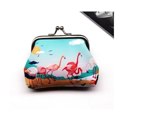 Detail view of the metal clasp closure on a blue canvas flamingo print coin purse