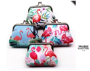 Collection of flamingo print coin purses with vintage metal clasp in tropical styles