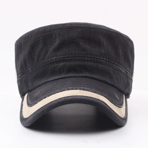 Flat top cotton military cap for sun protection in black with beige contrast trim detail