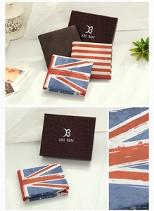 Men's vintage wallet set featuring Union Jack and US flag prints in a gift box packaging