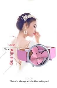 Close-up of pink fashion watch 8197 with rhinestone dial and Mickey shape outline