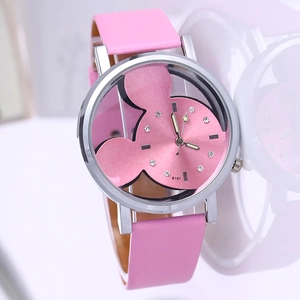 Women Quartz Watch Alloy Case Faux Leather Strap Skeleton Cartoon Dial Rhinestone Markers Fashion Wristwatch Kids Students