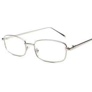 Classic silver metal rectangular eyeglasses frame with slim temples in a minimalist style