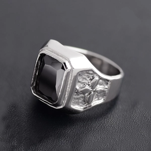 Vintage stainless steel ring for men featuring a large rectangular black onyx gemstone