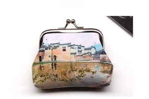 Close-up of vintage town scenery print on trapezoid coin purse with silver metal clasp