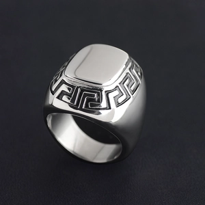 Vintage silver stainless steel signet ring for men featuring Greek fret scrollwork pattern