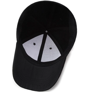 Classic black cotton baseball cap showing internal six-panel structure and reinforced brim