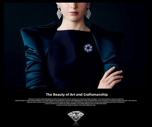Close-up of radiant bauhinia flower brooch with blue and white crystals on a navy suit