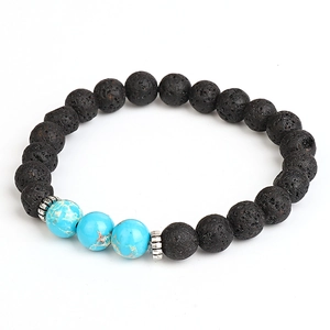 8mm Black Lava Rock and Turquoise Yoga Energy Bead Bracelet with Silver Accents