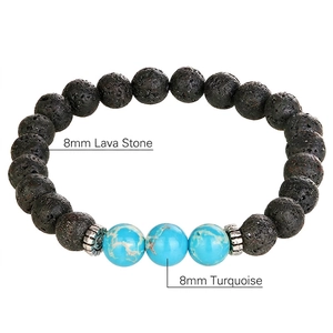 8mm black lava rock and blue turquoise beads energy yoga bracelet with silver spacers