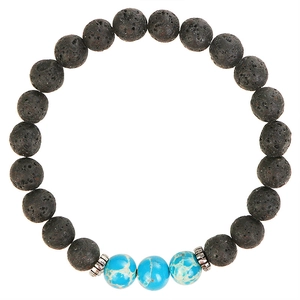 8mm Black Lava Rock Bracelet with Blue Turquoise Beads and Silver Spacers for Yoga Energy