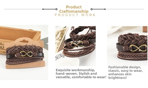 Detail of multilayer brown leather infinity bracelet with bronze metal charm and packaging