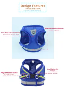 Detail of blue breathable mesh dog harness with reflective safety straps and buckle