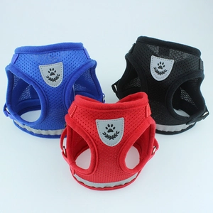 Reflective breathable mesh dog harness in blue black and red with safety stripes