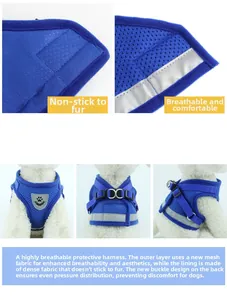 Detail view of breathable blue mesh dog harness with reflective strips and D-ring