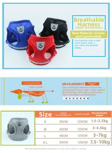 Detailed size chart for breathable mesh dog harness including chest and neck measurements